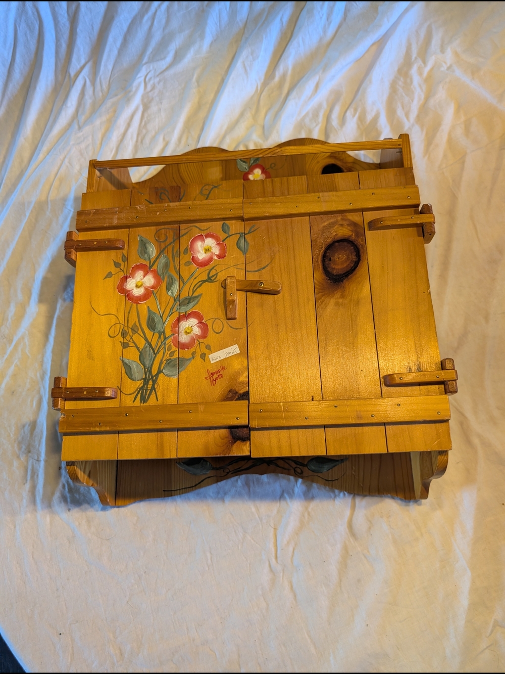 2/120$ Vintage Yellow Wooden Wall Shelf with Hand-Painted Pink Floral Motif